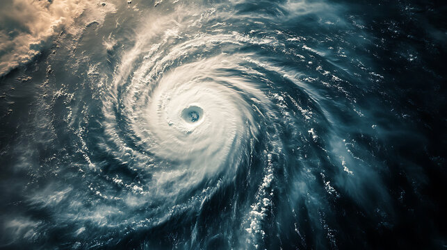 Satellite view of hurricane swirling over ocean, dramatic