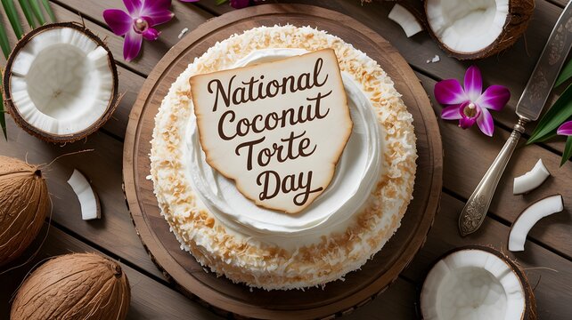 Delicious coconut torte cake decorated for national coconut torte day on a rustic wooden table background