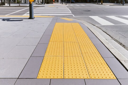 Accessible pedestrian crossing featuring yellow tactile paving guiding pedestrians along a gray sidewalk toward the crosswalk in a modern urban setting