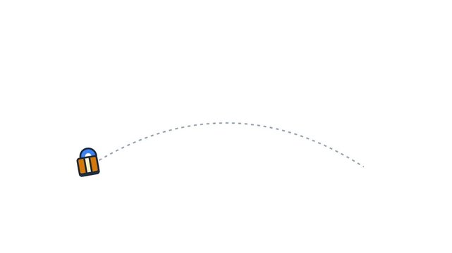 A bullet with a blue tip and brass casing follows a dotted arc trajectory, illustrating projectile motion.