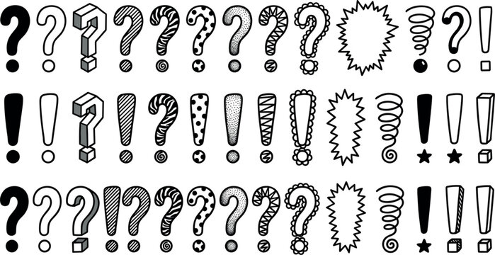 Hand Drawn Question Mark and Exclamation Point Vector Set Featuring Diverse Creative Sketch Punctuation Symbols Isolated on White Background