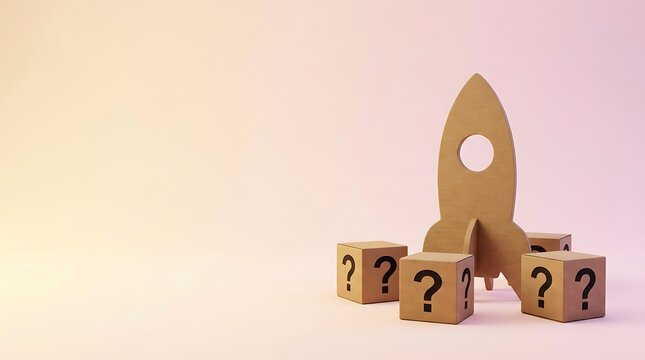 Cardboard rocket ship with question mark boxes symbolizing startup business idea and unknown future.