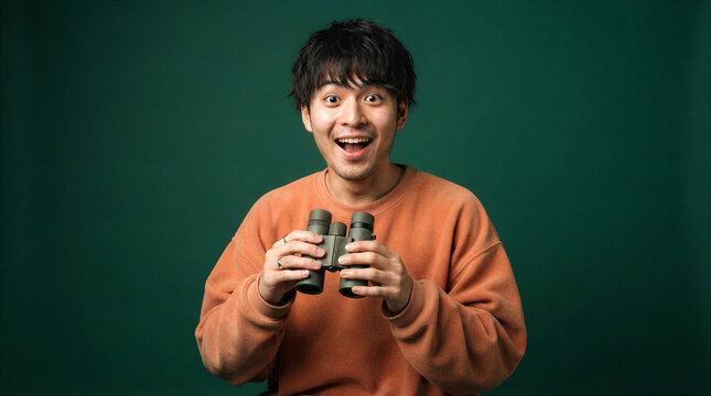 Young man with binoculars looking excited and curious