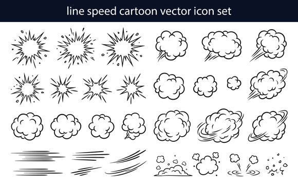 Comic explosion vector set, hand drawn burst, speed lines and impact effects for manga, cartoon, gaming and action graphics. Line speed cartoon effect, line speed cartoon vector icon