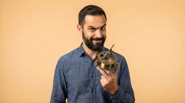 Man holding a vintage brass pocket sundial with a compass