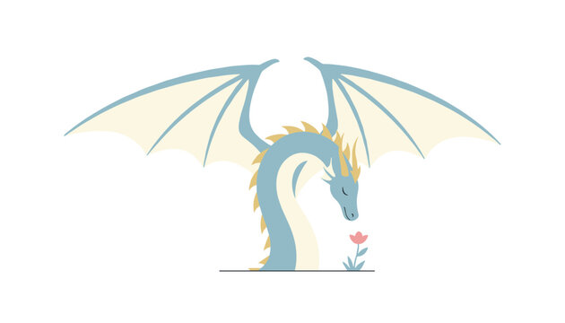 Gentle blue dragon with large wings leaning down to smell a small pink flower on the ground in a storybook style.