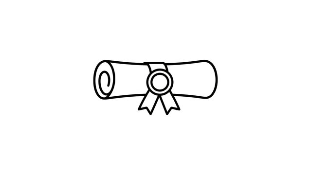 Outline vector icon of diploma scroll with ribbon and seal.