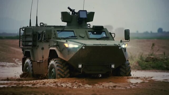 Military vehicle driving through muddy terrain in an outdoor training area