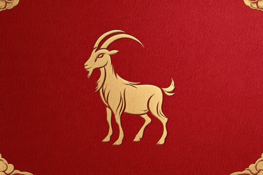 Premium Lunar New Year 2027 background featuring an embossed golden goat emblem on textured crimson paper with ornamental lines and minimal cloud details in the corners