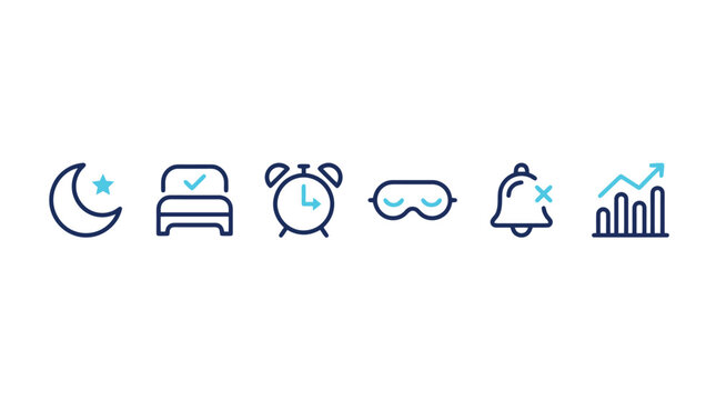 Minimalist sleep cycle icon set, 6 linear health tracking symbols, dark blue and light blue wellness vector elements for mobile apps