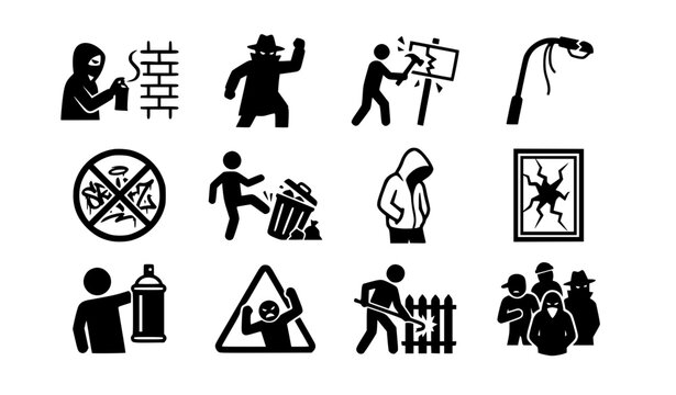 Crime Vandalism Gangster and Property Damage Vector Icon Set