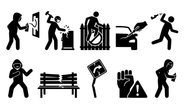 Antisocial Behavior and Vandalism Black Pictogram Symbol Collection