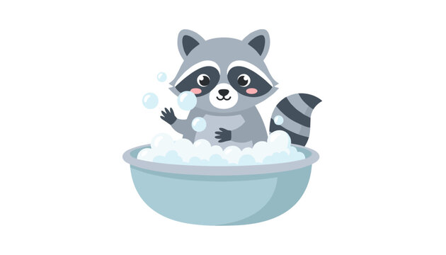 Adorable cartoon raccoon sits happily in a large bowl full of white soap bubbles and waves with a friendly smile on its face.