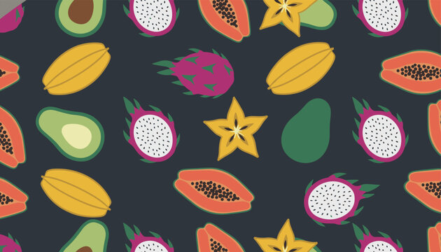 Colorful seamless pattern features a vibrant mix of tropical fruits including dragon fruit, avocado, papaya, and starfruit on dark grey.