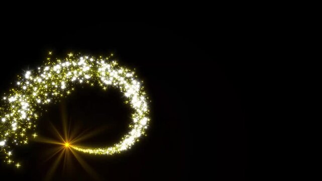 Glowing golden light sparks and particles flare,, glitter line transition on black screen background .  glowing doodle stars, star line path, flat vector doodles.4k video