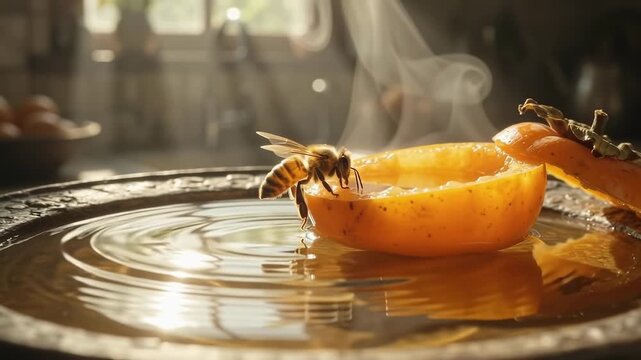 Bee on orange slice with steam in sunlight