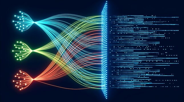 Abstract visualization of data flow from multiple sources to large network with lines and dots representing information transfer and connectivity.
