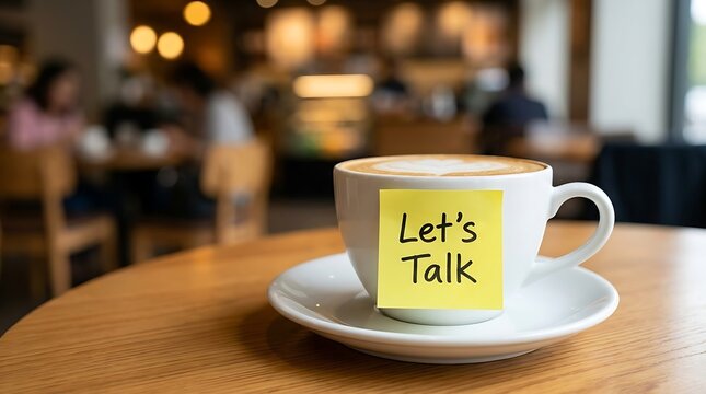 Coffee cup with a yellow sticky note saying ""Let's Talk"" on a wooden table in cafe promoting conversation and connection.