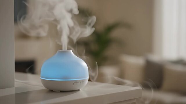 Aroma Diffuser Slowly Cycles Through Calming Colors, Emitting Vapor in a Modern Living Room Setting. Gentle Transition, Peaceful Ambiance.