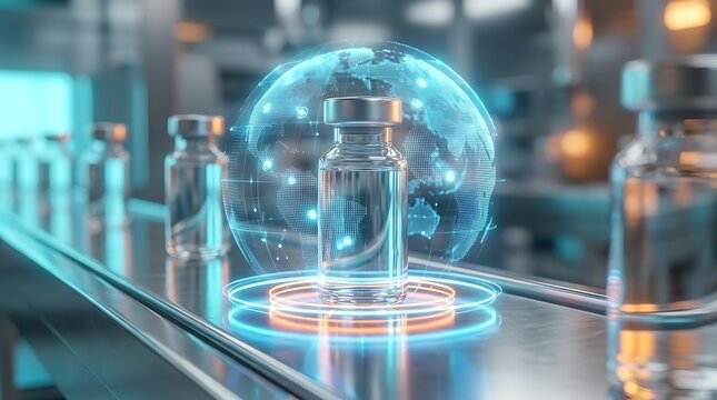 Global vaccine production and distribution network concept with glowing globe and pharmaceutical vials on assembly line for healthcare industry.