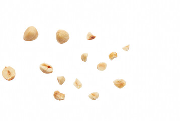 Obraz premium Falling Roasted Hazelnut Pieces and Whole Nuts Isolated on Dark Space