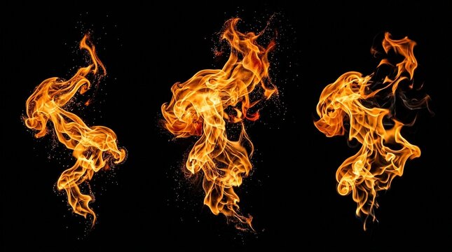 Set of isolated realistic fire flames on black background.