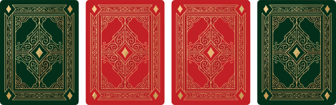 Vintage luxury playing card back designs set with gold ornamental filigree frames in red and green