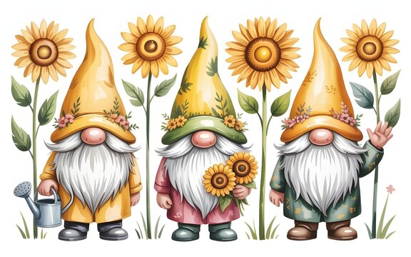 Three cute garden gnomes with sunflowers, wearing yellow and green hats and outfits, one holding a watering can, one holding flowers, and one waving, isolated on white background