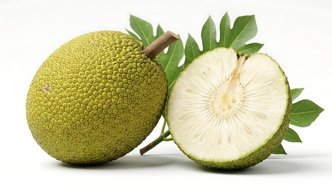 Fresh breadfruit whole and sliced in half with green leaves isolated on white background