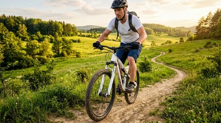 Fototapeta premium Active Man Riding Mountain Bike on a Scenic Dirt Trail Through Green Hills at Sunset - Outdoor Adventure and Fitness