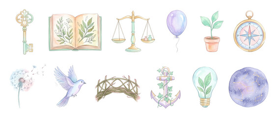 Fototapeta premium Watercolor vintage icons clipart set featuring key, book, scales, balloon, plant, compass, bird, nest, anchor, bulb, and constellation elements isolated on black background for design project decor
