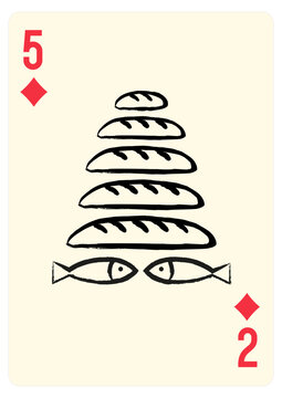 5 loaves plus 2 fish in the form of a playing card, Jesus feeds the 5000 t-shirt design.  Christian vector illustration with miracle of multiplication of food from Jesus for apparel or hoodie