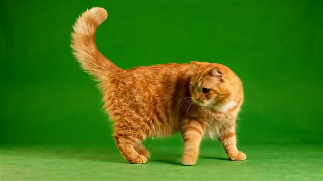 Orange Cat Walking and Grooming on a Green Screen Background. Animated Feline Footage with Motion and Looping Action.