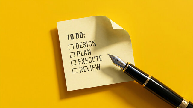 to do list on yellow sticky note | project management workflow concept | business planning and execution steps | professional office supplies on yellow background