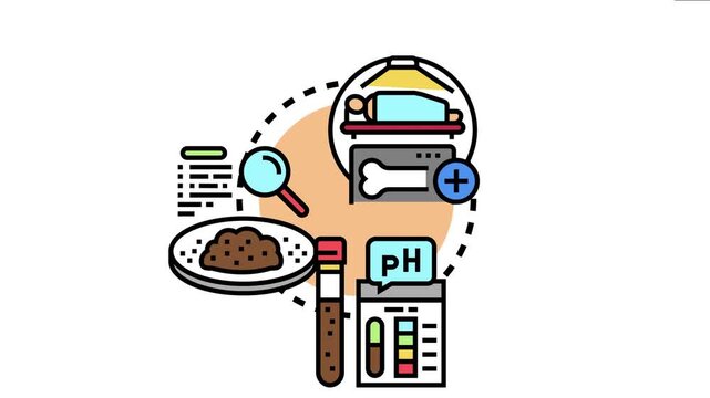 Mineral content assay illustrates processes for analyzing nutrients, including medical bone composition checks, soil analysis, nutrient testing, and ph measurement in various samples