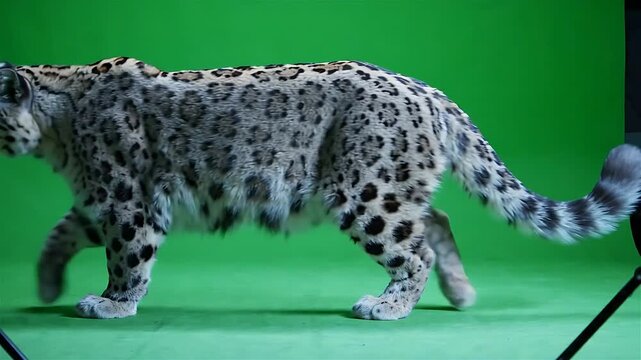 Snow Leopard Walking Forward on a Green Screen Background, Showcasing a Smooth, Looping Motion for Visual Effects.