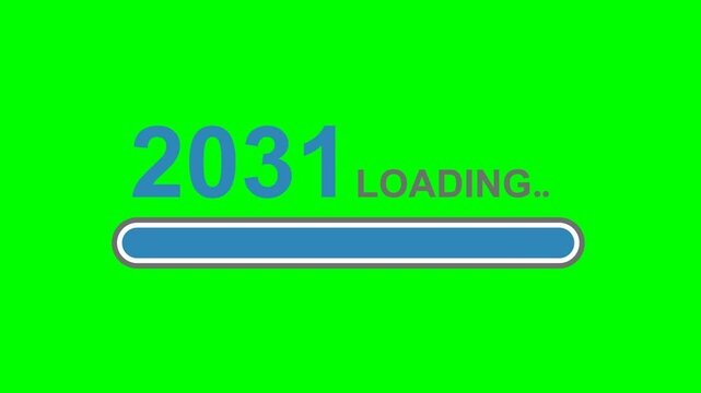 Faithful flat loading recreation like the reference on solid chroma GREEN background at reduced centered size with ALL shadows removed: huge sky-blue bold digits 2031 in a darker blue shade; the darke