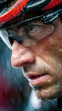 Close-up portrait of a cyclist in an aerodynamic helmet focused on the race