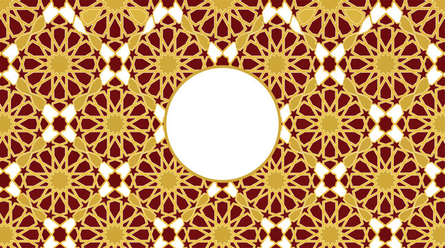 Islamic Geometric Pattern Background with Circle Frame in Red and Gold for Ramadan Designs