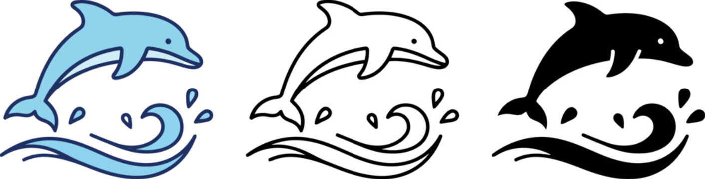 Minimalist dolphin jumping icons, set of 3 marine animal vectors, blue and black aquatic mammal symbols for ocean branding