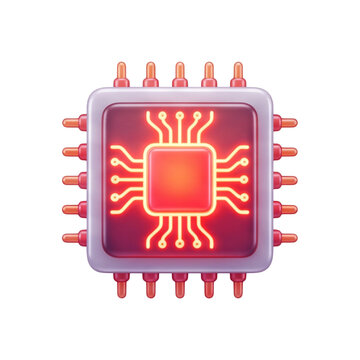 3D central processing unit icon with neon circuitry, isolated