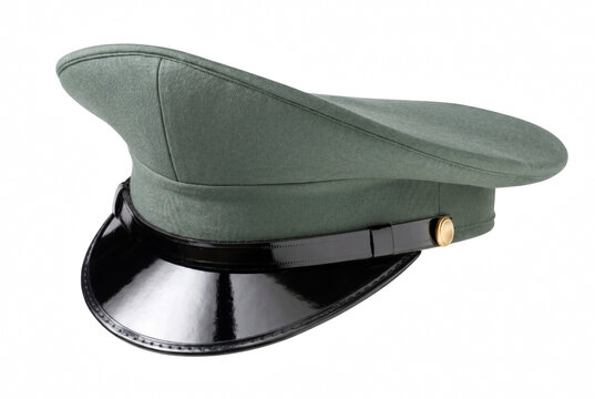 Green Military Peaked Cap with Shiny Visor and Gold Buttons