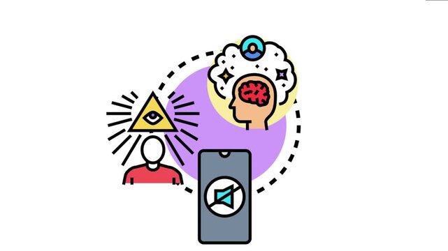 Concept mind haze by depicting a human head with a busy brain, surrounded by intrusive thoughts and external distractions from a muted mobile device and an all seeing eye