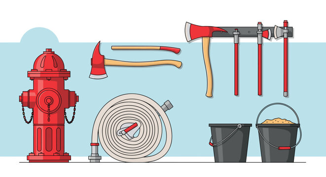 Fire safety equipment collection featuring a red hydrant, hose reel, firefighting axes, and black sand buckets.