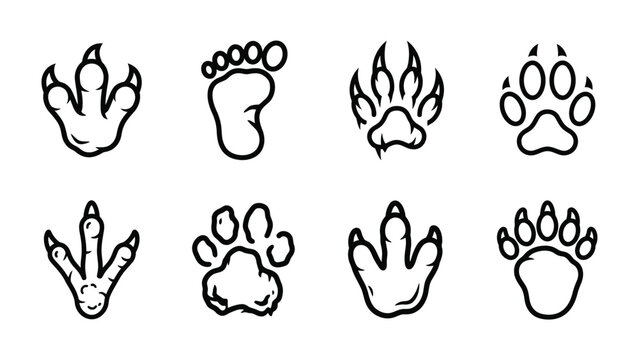 Animal Footprint Collection: A set of diverse animal footprints, showcasing various shapes and sizes, from clawed tracks to paw prints, illustrating the varied gaits of wildlife.