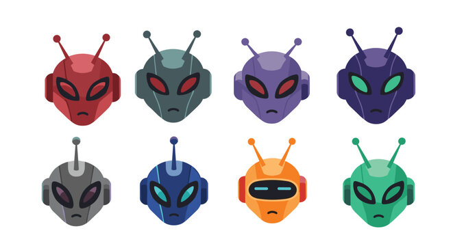Eight futuristic colorful alien robot faces with glowing eyes and antennaes over a clean white background.
