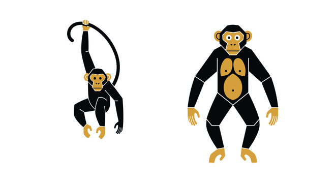 Minimalist vector illustration of two black monkeys with gold accents, one swinging from a branch and one standing facing forward.