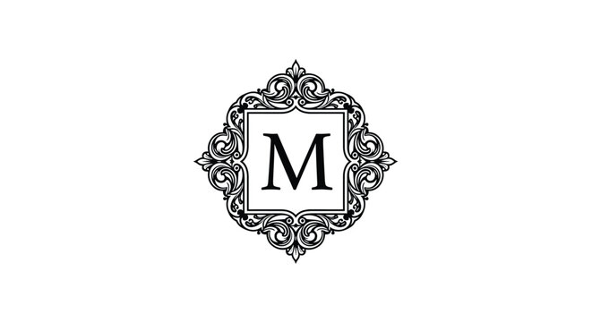 Elegant vintage style monogram frame enclosing the letter M with beautiful black floral and scroll decorations.