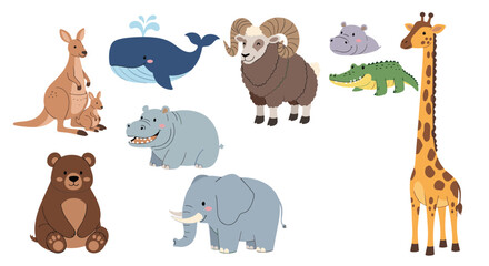 Obraz premium Group of cartoon zoo animals including a giraffe, elephant, bear, whale, hippo, and crocodile on a white background.