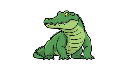 Obraz premium Friendly green cartoon crocodile stands and looks back on a clean white background in vector format.